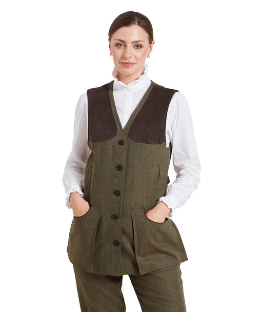 Schoffel Tweed Shooting Vest Loden Green Herringbone Tweed (Womens)